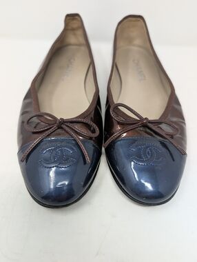 Chanel CC Patent Leather Ballet Flats Brown Blue Size 39.5